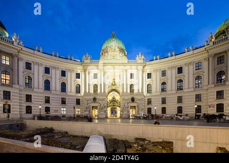 VIENNA - MAY 4: The Spanish Riding School in the Hofburg at Michaelerplatz in Vienna, Austria at night on May 4, 2018. Stock Photo