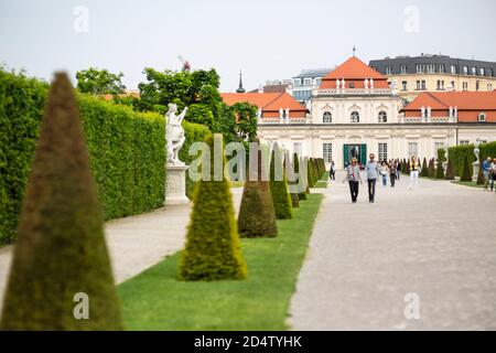 VIENNA - MAY 5: View to the Lower Belvedere in the Belvedere Palace park of Vienna, Austria with some tourists in the background on May 5, 2018. Stock Photo