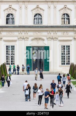 VIENNA - MAY 5: View to the Lower Belvedere in the Belvedere Palace park of Vienna, Austria with some tourists in the garden on May 5, 2018. Stock Photo