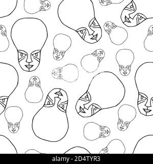 Vector doodle seamless pattern alien. Outline masks for background, cover design. Hand drawn black and white illustration. Print on paper, fabric, Stock Vector