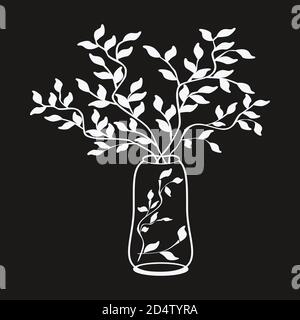 Vector outline simple illustration white tree branches in a vase on black background. Sketch for books. Print on paper, fabric, ceramics. Pattern for Stock Vector
