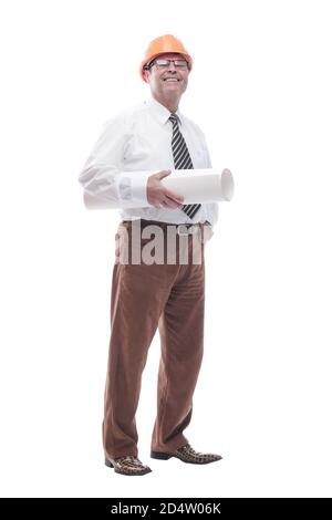 smiling architect with drawings in a protective helmet. isolated on a white Stock Photo