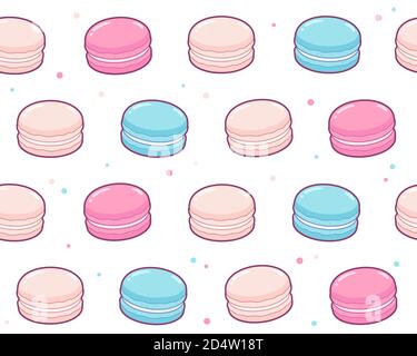 Cute cartoon Macarons pattern. Traditional French almond cookies, seamless background texture. Stock Vector