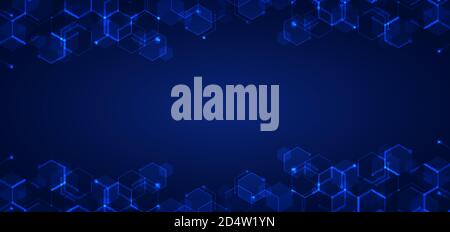 Abstract technology connect concept blue geometric hexagons pattern with glowing light on dark background. Medical, tech or science design. Vector ill Stock Vector
