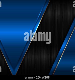Abstract elegant geometric triangle blue metallic glossy with golden line on black background and texture. Luxury style. Vector illustration Stock Vector