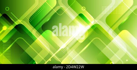 Abstract banner web background green geometric square shapes composition with glowing light. Technology futuristic concept. Vector illustration Stock Vector