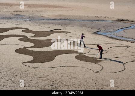 Arnside, Cumbria, UK. 11th Oct, 2020. Lancaster artist Paul Speight's latest creation of sand art at White Creek, Arnside, Cumbria where the unique silt sand enables him to work with three different tones. Tide conditions need to leave the sand dry enough to achieve the contrasting textures but not too dry which makes it too hard to rake. Credit: John Eveson/Alamy Live News Stock Photo