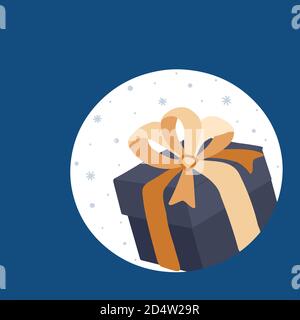 Vector illustration. The festive box is tied with a yellow ribbon and bow. Snowflakes falling from above. Stock Vector