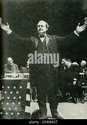 William Jennings Bryan (1860-1925)  was an American orator and politician from Nebraska. Beginning in 1896, he emerged as a dominant force in the Democratic Party, running three times as the party's nominee for President of the United States in the 1896, 1900, and 1908 elections. Bryan's efforts on behalf of farmers and laborers (the so-called 'common' people) earned him the title the 'Great Commoner.' Stock Photo