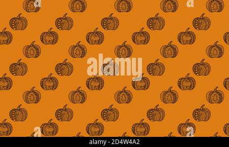 Seamless pattern of tracery Halloween and thanksgiving pumpkins on an orange background Stock Vector