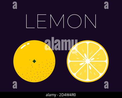 Vector of lemon and sliced half of lemon on dark background Stock Vector