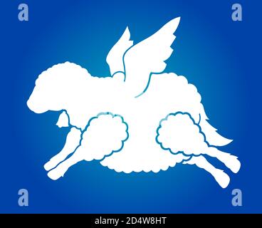 Beautiful white flying sheep silhouette on blue background Stock Vector