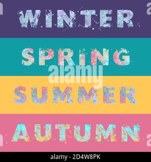 Winter, spring, summer, autumn. Vector typography signs with multicolored spots of paint, design for banner, flyer, tag, decoration, poster or invitation, label for season fashion collection. Stock Vector