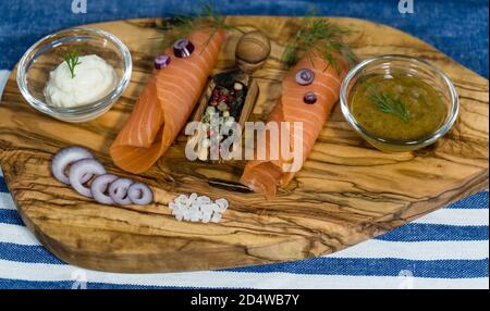 Salted and smoked stripes of atlantic ocean Salmon Stock Photo