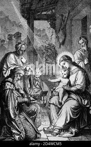 Holy three kings, historical steel engraving from the year 1860 Stock Photo