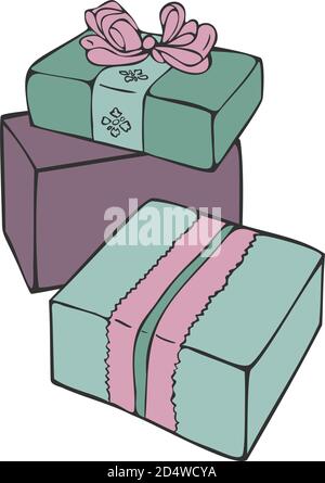 Vector still life with colorful gift boxes isolated on white background. Gitfs concept for New Year. Stock Vector