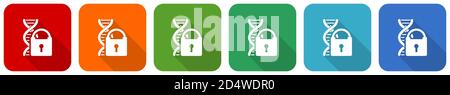 Dna code information security icon set, flat design vector illustration in 6 colors options for webdesign and mobile applications Stock Vector