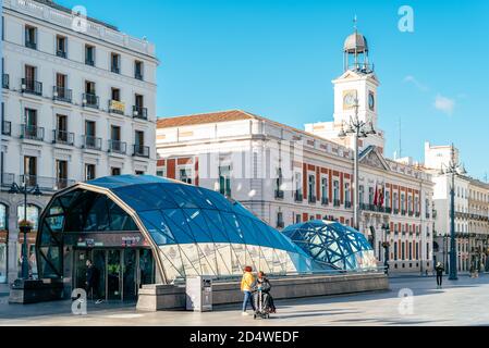 Madrid, Spain - 3rd October, 2020: The Puerta del Sol square in Central Madrid, it is the main public space in the city. View of the empty square duri Stock Photo