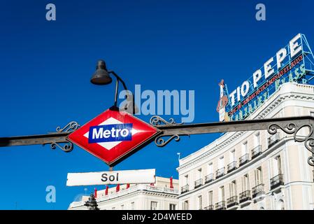Madrid, Spain - 3rd October, 2020: Sol Metro station in Puerta del Sol square in Central Madrid, it is the main public space in the city Stock Photo