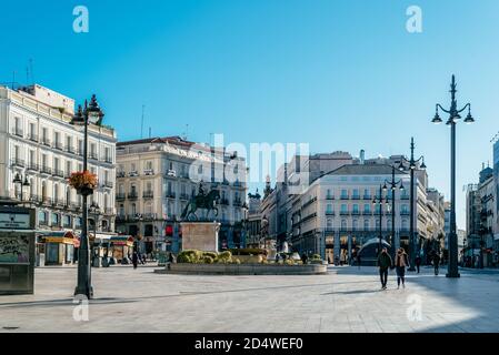 Madrid, Spain - 3rd October, 2020: The Puerta del Sol square in Central Madrid, it is the main public space in the city. View of the empty square duri Stock Photo