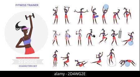 Fitness trainer gym workout poses infographic vector illustration set. Cartoon flat woman coach instructor character doing gymnastics, sport exercises with kettlebell, dumbbell, ball isolated on white Stock Vector