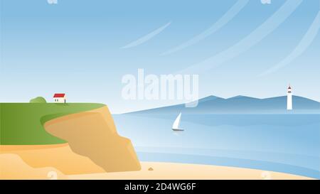 Rocky sea coast vector illustration. Cartoon flat panoramic scenic seascape with tranquil nature beach, small house on rocks, sailing boat ship in bay waters, lighthouse on horizon natural background Stock Vector