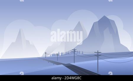 Mountain night landscape vector illustration. Cartoon flat nighttime panoramic perspective mountainous scenery with empty asphalt road, leading to rocky mountains, foggy nature scenic background Stock Vector