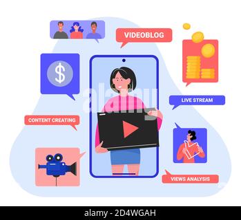 Videoblog vlog concept vector illustration. Cartoon flat videoblogger streamer woman character presents creative video content or stream on smartphone screen in social media networks isolated on white Stock Vector