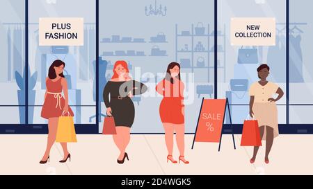 Fashion woman plus size vector illustration. Cartoon young female characters in fashionable clothes standing next to shop window, overweight curvy fashionista girls shopping with bags background Stock Vector