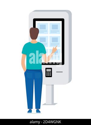 Man using self-service payment and information electronic terminal with touch screen. Vector illustration in flat style Stock Vector