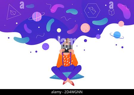 Science knowledge education concept vector illustration. Cartoon girl reading, sitting with digital book or tablet and flying abstract creative educational scientific symbols above head background Stock Vector