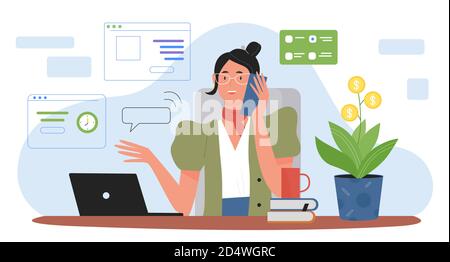 Woman working at home vector illustration. Cartoon young female character sitting at table, home workplace with laptop, solving business work tasks, remote job of happy businesswoman background Stock Vector