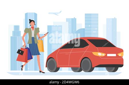 Business woman in cityscape vector illustration. Cartoon busy female office worker employee character with shopping bags runs to red car, city vehicle, businesswoman on way to work isolated on white Stock Vector