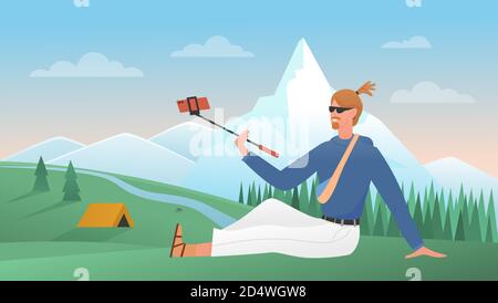 Selfie in travel vector illustration. Cartoon traveling blogger character with selfie stick making photo for blog, man traveller sitting on grass in mountain landscape, tourist photography background Stock Vector