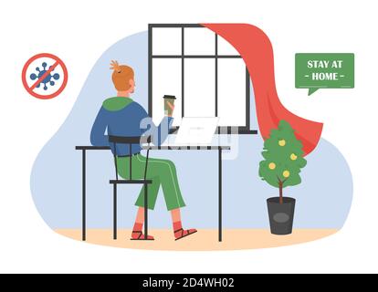 Work at home vector illustration. Cartoon man worker freelancer sitting at home office room interior, working with laptop in freelance job. Coronavirus quarantine preventive measures tips background Stock Vector