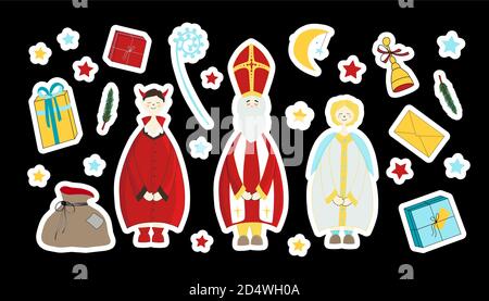 Saint Nicholas, devil and angel. Saint Nicholas Day stickers. Elements for the holiday. Gift, surprise, fir branches Stock Vector