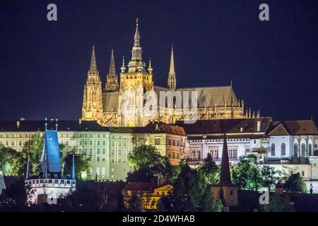Prague castle by night spectacular lights Stock Photo