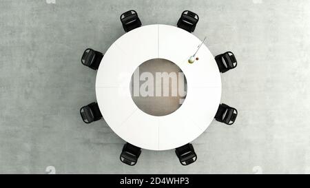 modern circular meeting table top view with office chairs and concrete floor concept background 3D rendering Stock Photo