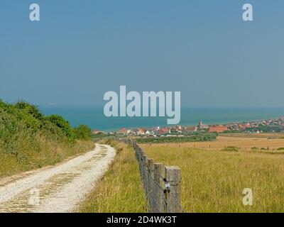 Green fields and small village of Sangatte on the Opal North Sea coast, Nord Pas de Calais, France Stock Photo
