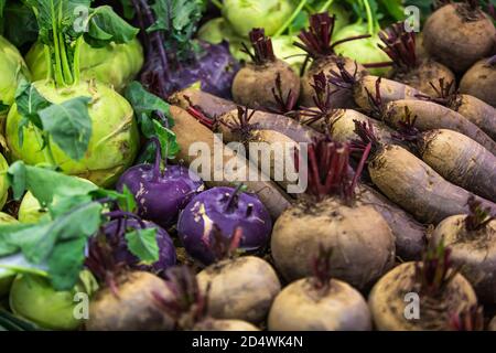 Fresh beetroot and kind of kohlrabi from an agricultural garden on a marketplace Stock Photo