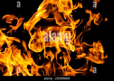 Fire flames on black background isolated. Burning gas or gasoline burns with fire and flames. Flaming burning sparks close-up, fire patterns. Infernal Stock Photo