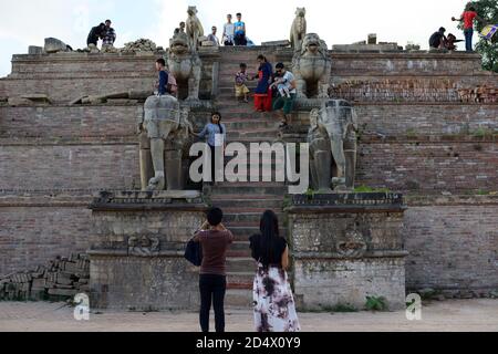 Fasidega Hindu Temple in Bhaktapur in the famous Durbar Square Kathmandu, Nepal, was badly damaged in the 2015 earthquake. Stock Photo