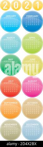 Colorful Circles Calendar for Year 2021, in vectors Stock Vector