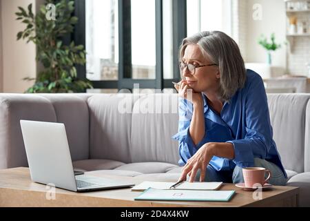 Senior older woman watching webinar on laptop working from home. Stock Photo