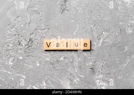 value word written on wood block. value text on table, concept. Stock Photo