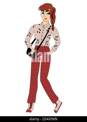 Creative cartoon girl in fashionable clothes in magenta and beige colors, vector made as child's drawing Stock Vector