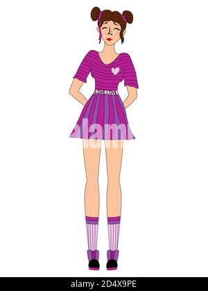 Happy cartoon girl in clothes in pink and violet colors and with closed eyes, vector made as child's drawing Stock Vector