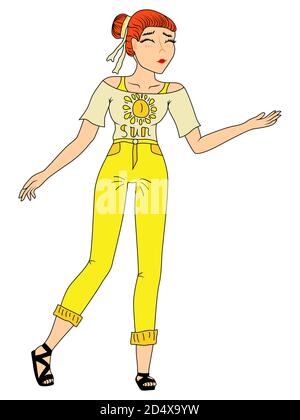 Happy cartoon girl with closed eyes and in clothes in yellow hues, vector made as child's drawing Stock Vector