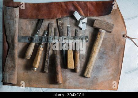Florence - 05/18/2018 : leather bag with sculpting tools Stock Photo