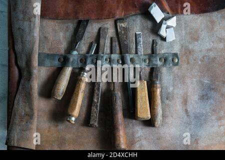Florence - 05/18/2018 : leather bag with sculpting tools Stock Photo